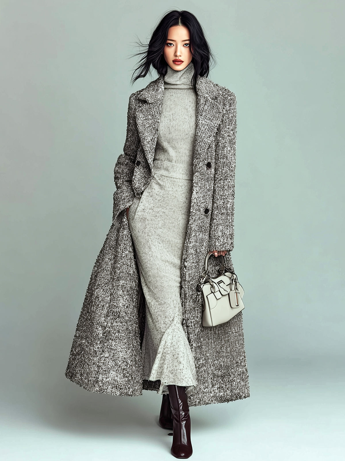 ElevenOra Stylish Gray Tweed Notch Lapel Double-breasted Loose Long Coat