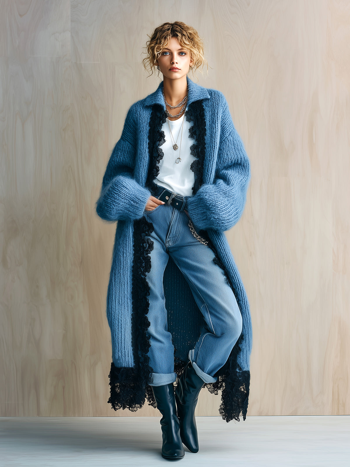 ElevenOra Chic Casual Haze Blue Lapel Black Lace-Trimmed Maxi-Length Slouchy Edgy Knit Cardigan