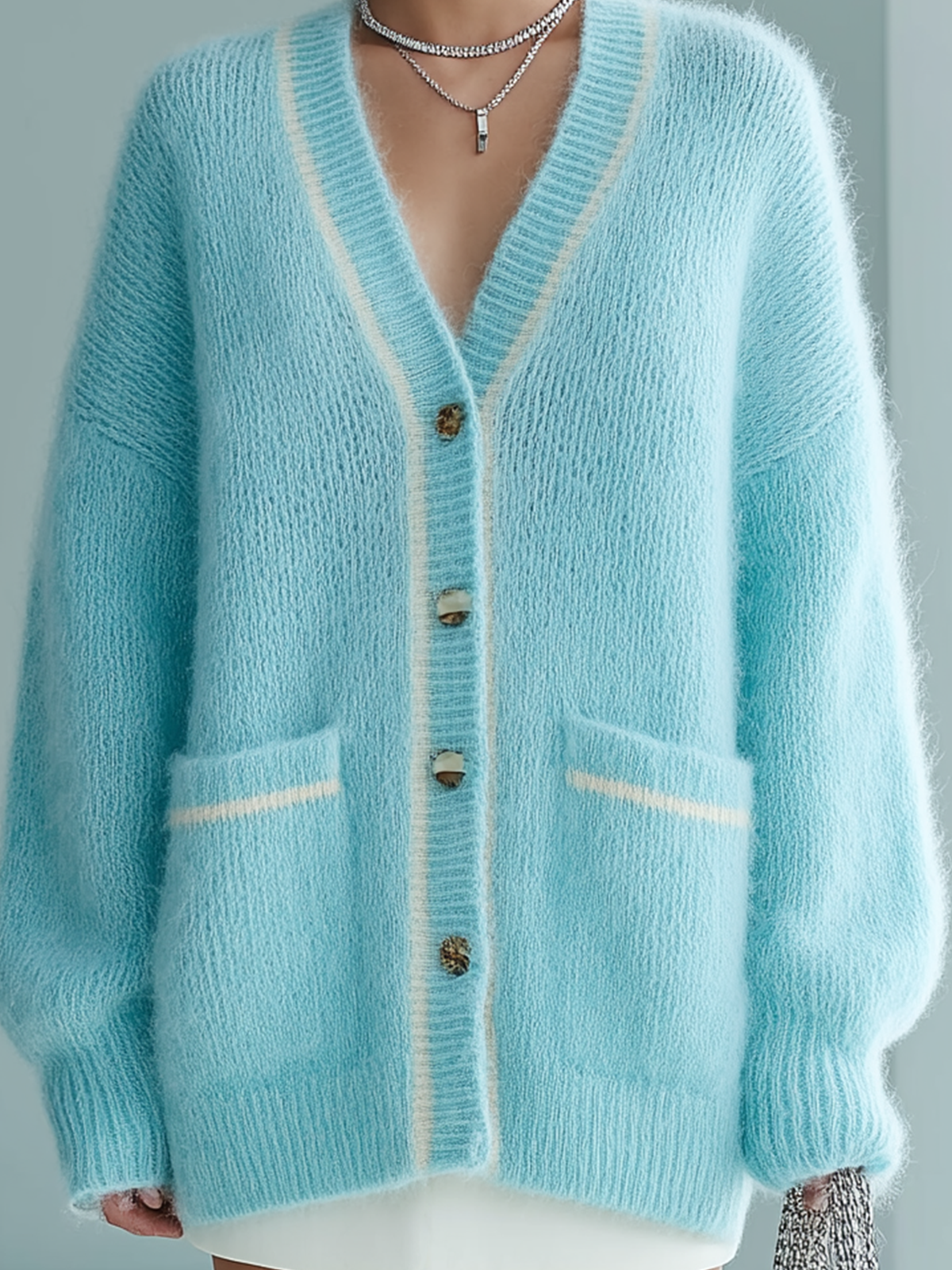 ElevenOra Chic Casual Blue  V-Collar Long-sleeved Button Patch Pocket Contrast Trim Details Oversized Mohair Knit Cardigan