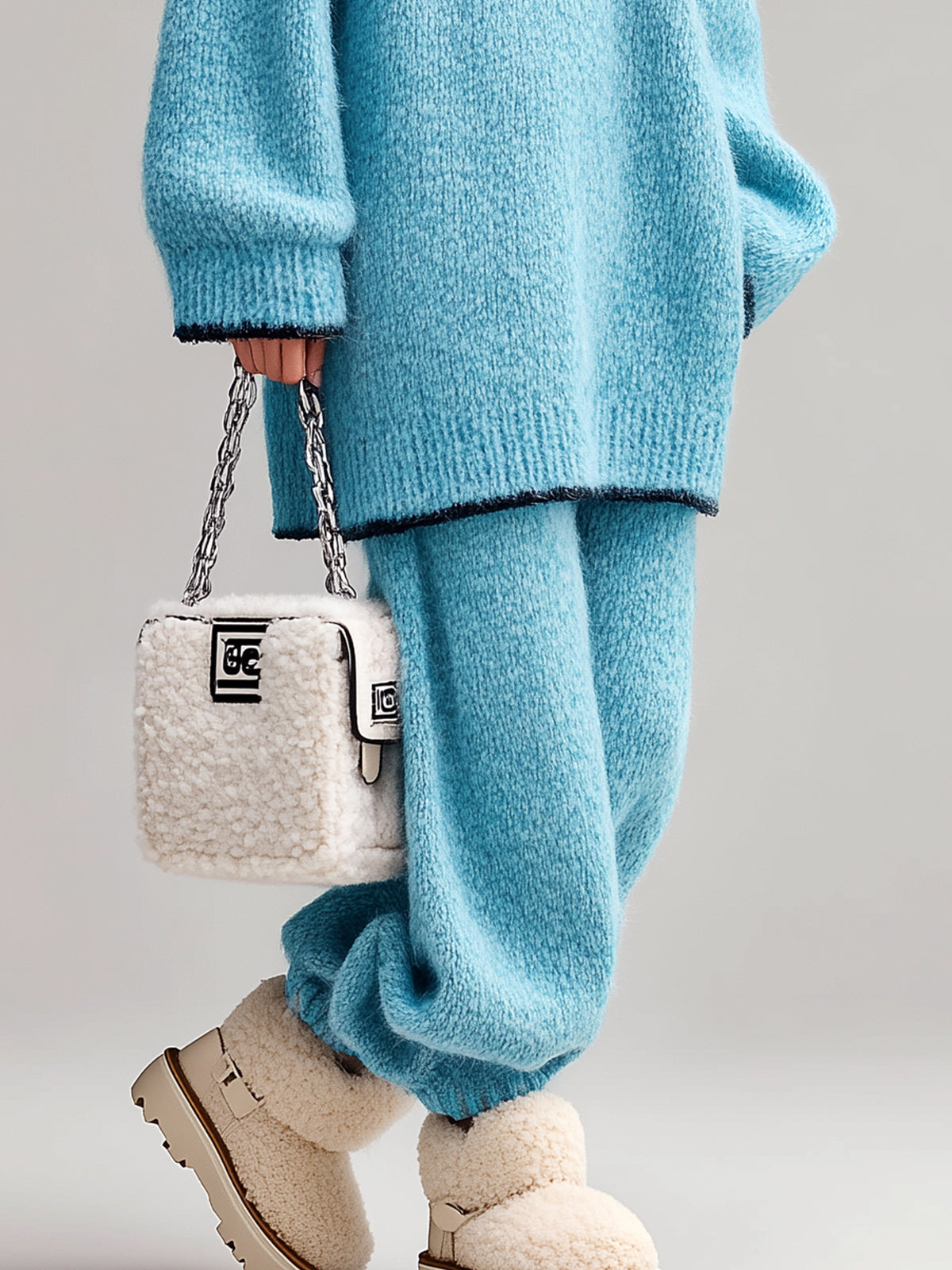 ElevenOra Chic Casual Baby Blue Fuzzy Half-Zip Mock Neck Contrast Trim Long-Sleeve Sweater Cuffed Pants Oversized Knit Two-Piece Set