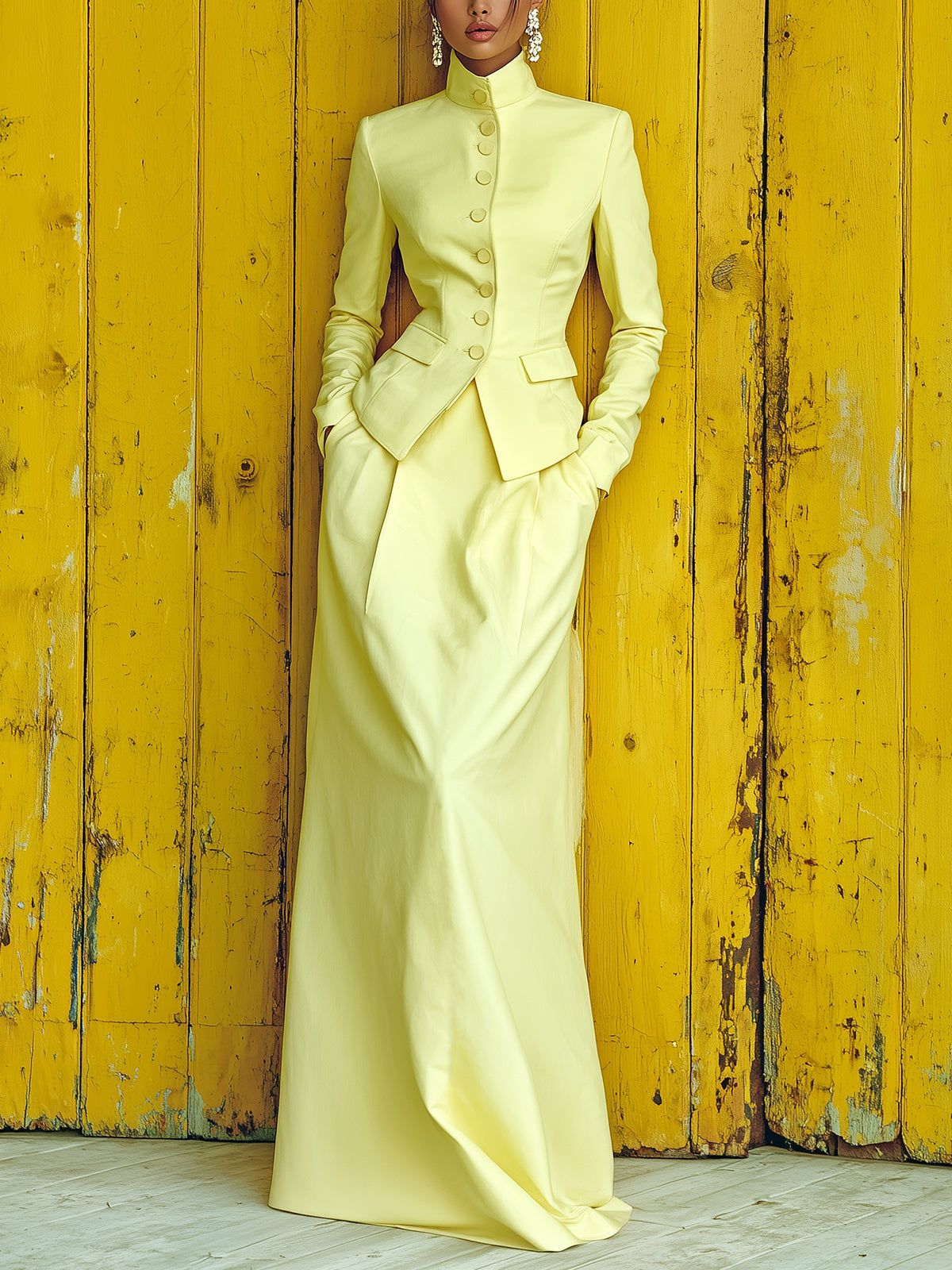 ElevenOra Chic Vintage Yellow Wool Blend Stand Collar Single-Breasted Tailored Waist Blazer Maxi Skirt Two-Piece Set