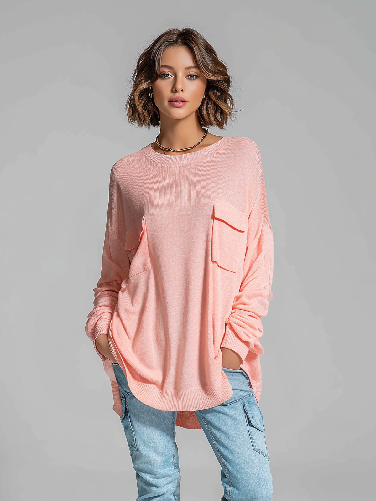 ElevenOra Chic Casual Pink Crew Neck Loose Long Sleeved Patch Pocket Knit Pullover Sweater