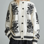 ElevenOra Chic Casual White Round Collar Long-sleeved Button Black Pattern Contrast Trim Details Oversized Knit Cardigan