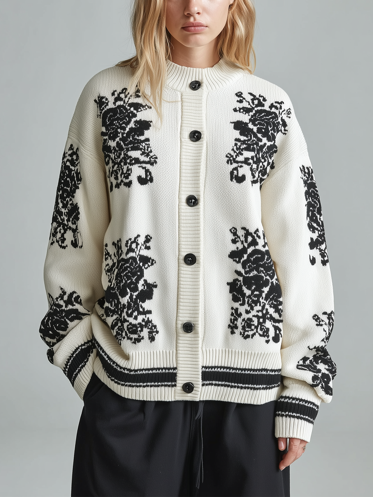 ElevenOra Chic Casual White Round Collar Long-sleeved Button Black Pattern Contrast Trim Details Oversized Knit Cardigan