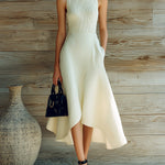 ElevenOra Chic Elegant Cream White Turtleneck Sleeveless Paneled Asymmetrical Mermaid Knit Maxi Dress