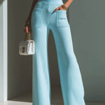 ElevenOra Chic Elegant Baby Blue High Waist Patch Pocket Details Ribbed Knit Wide-Leg Pants