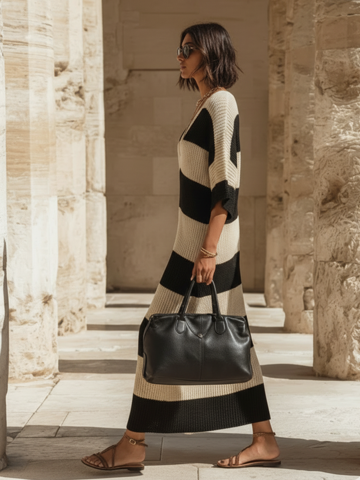 ElevenOra Chic Elegant Beige-Black Striped V-Neck Short-Sleeve Loose-Fit Side Slits Ribbed Knit Maxi Dress
