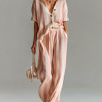 ElevenOra Chic Casual Pink-Beige Stripes Lapel Single-Breasted Short-Sleeve Top Wide-Leg Pants Ribbed Knit Two-Piece Set