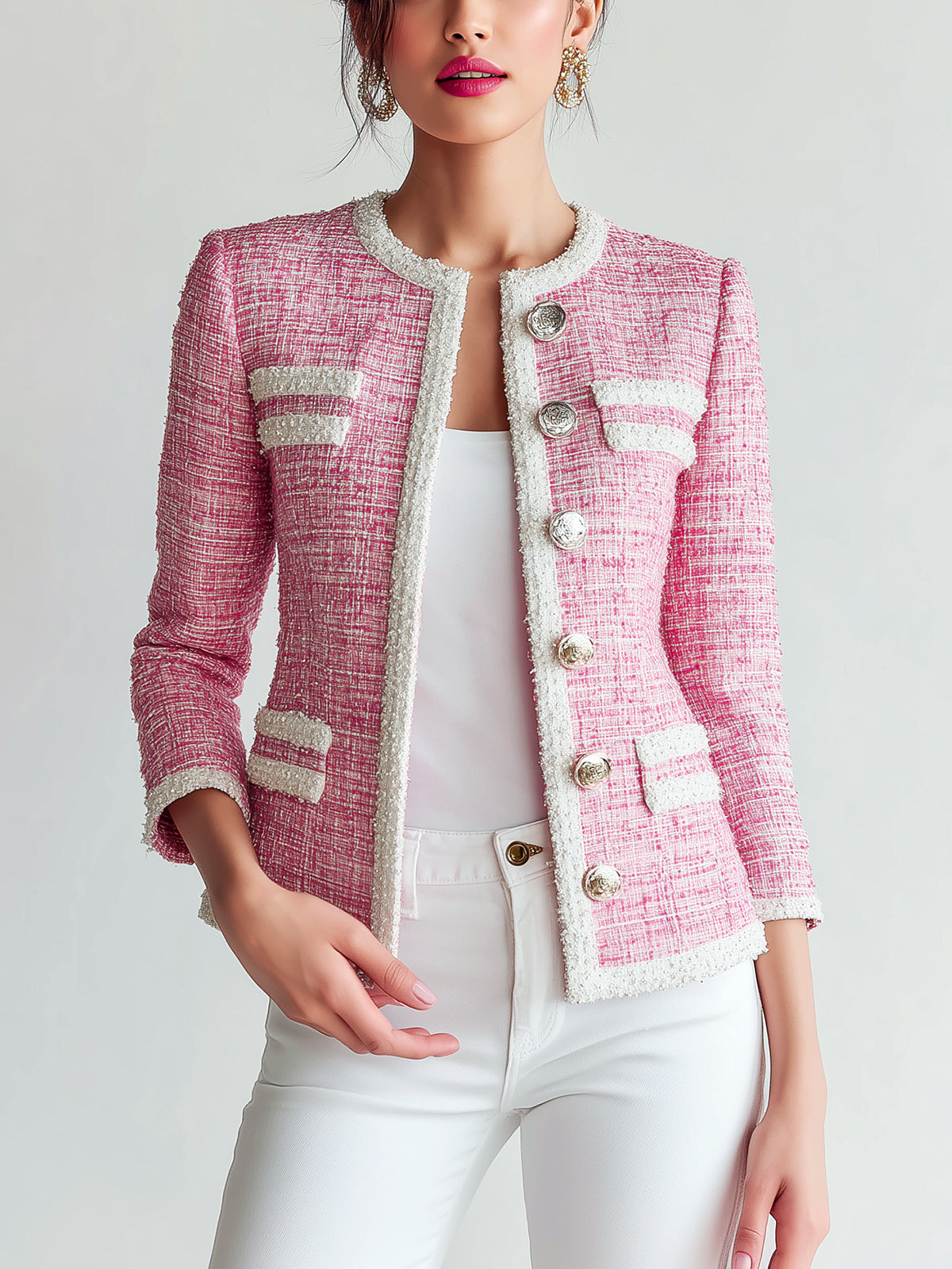 ElevenOra Chic Vintage Pink Tweed Round Neck Single-Breasted Contrast Trim Details Fitted Jacket