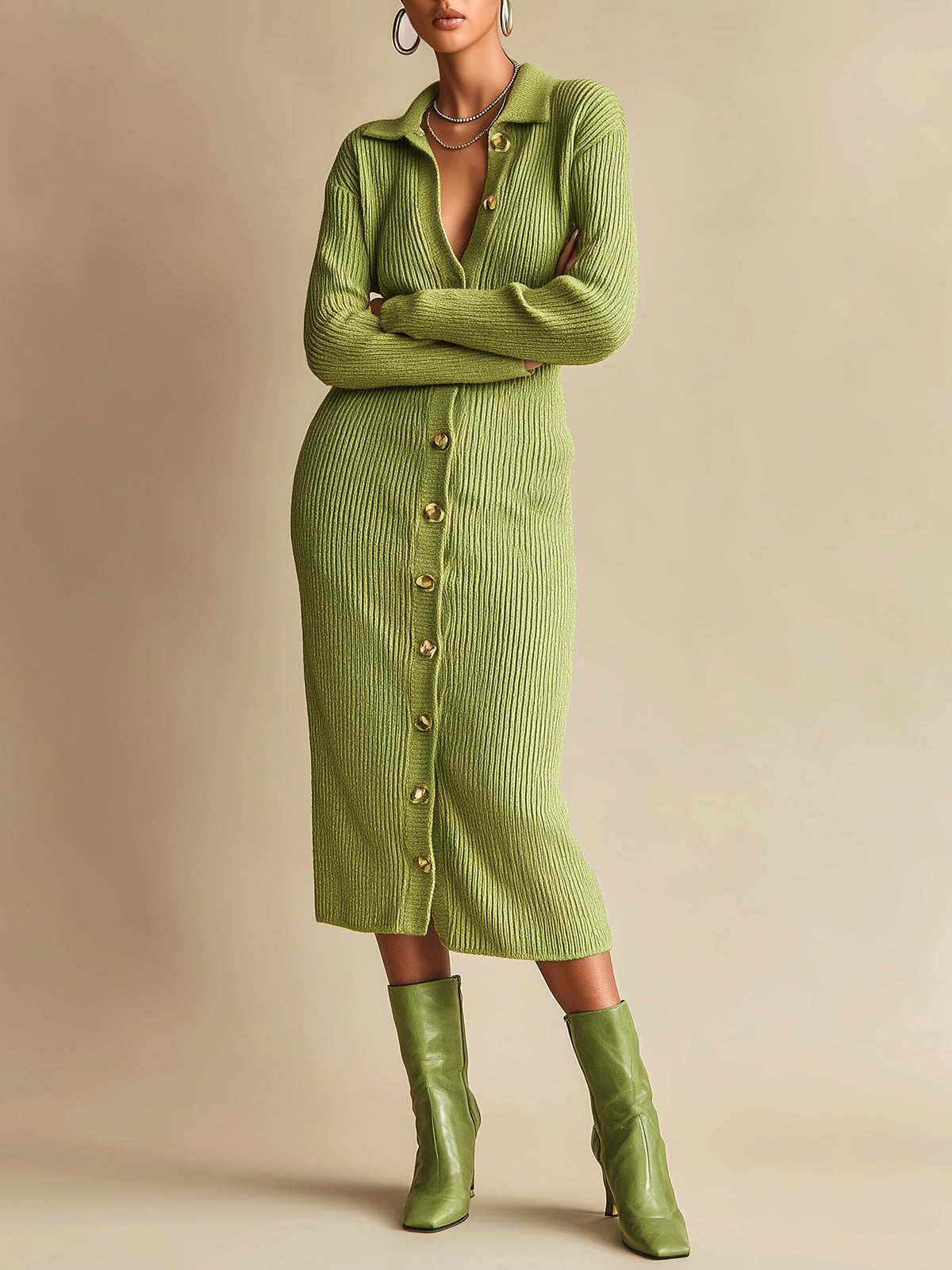 ElevenOra Chic Vintage Grass Green Lapel Single-breasted Long-sleeved Slim-fit Knit Midi Dress