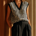 ElevenOra Stylish Elegant Black Houndstooth Jacquard V-Neck Loose Knit Vest Top