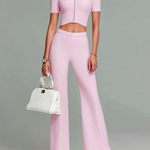 ElevenOra Stylish Elegant Pink Mock Neck Zipper-Front Slim-Fit Short-Sleeved Sweater Wide-Leg Pants Knit Two-Piece Set