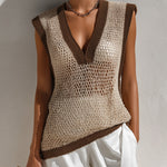 ElevenOra Chic Elegant Light Khaki-Brown Colorblock Deep V-Neck Loose-Fit Hollow-Out Knit Vest Top