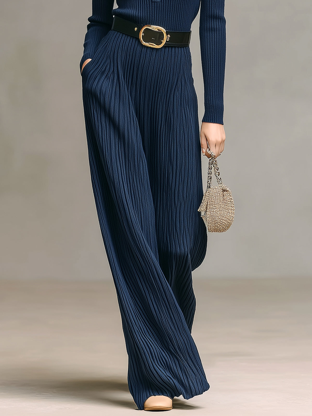 ElevenOra Casual Elegant Polo Collar Slim Long Sleeve Sweater Belted Wide Leg Pants Ribbed Knit Two-piece Set