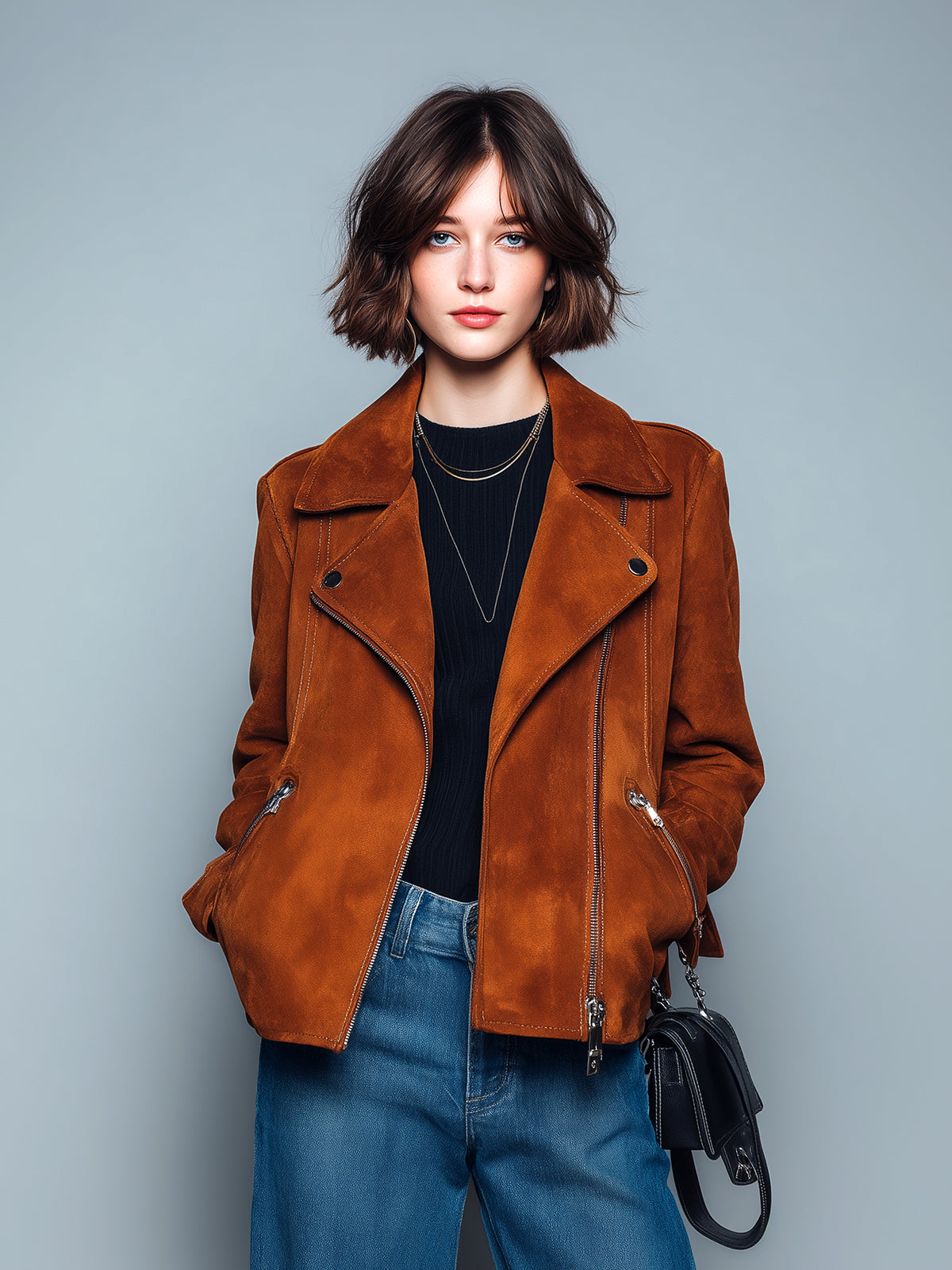 ElevenOra Chic Vintage Caramel Brown Faux Suede Lapel Zipper-Front Biker Style Cropped Jacket