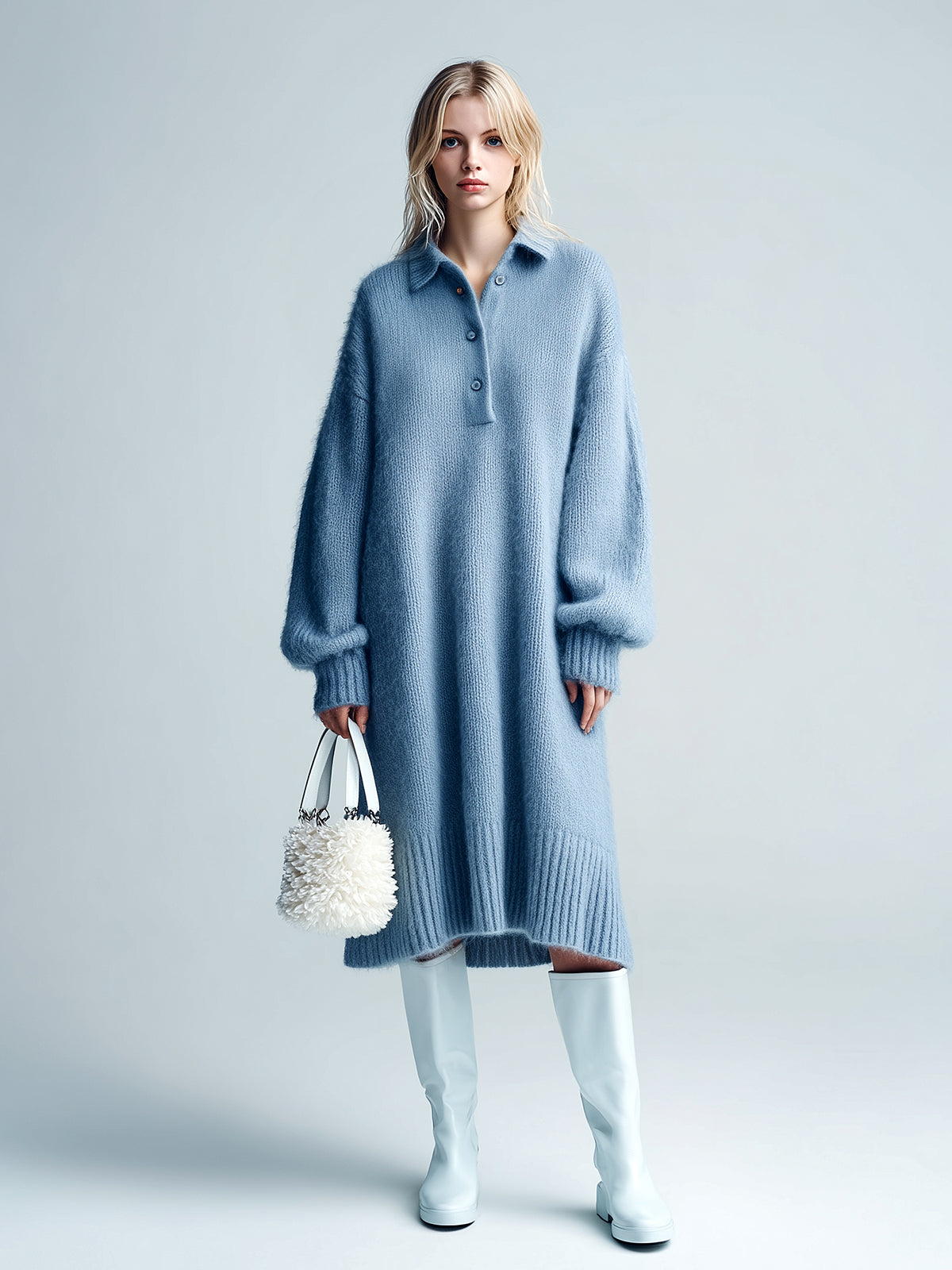 ElevenOra Chic Elegant Blue Button-Up Lapel Long Lantern Sleeve Oversized Fuzzy Knit Midi Dress