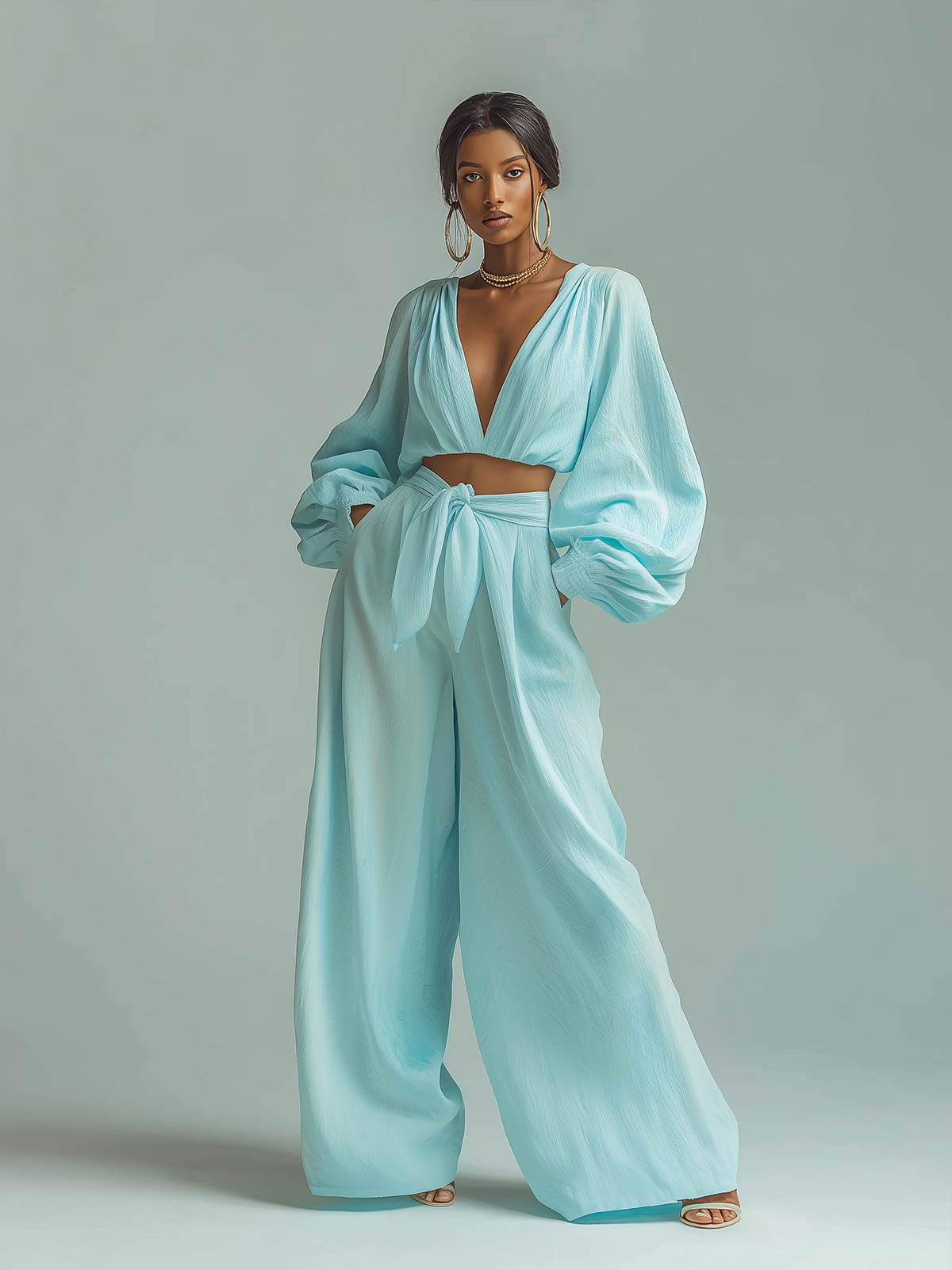 ElevenOra Stylish And Elegant Mint Green V-Neck Long-Sleeved Loose-Fitting Top And Wide-Leg Pants Chiffon Two-Piece Set