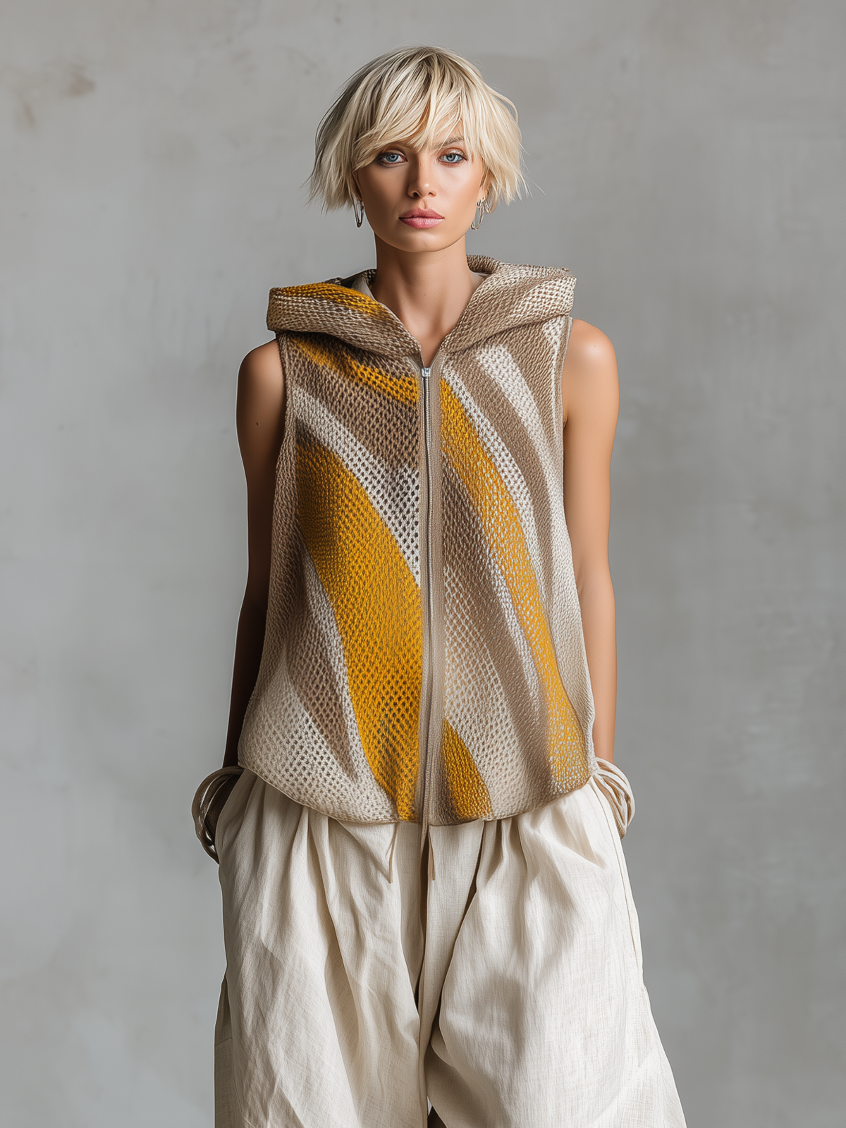 ElevenOra Chic Elegant Brown-Yellow Colorblock Jacquard Hood Sleeveless Zipper-Placket Loose-Fit Knit Vest Top