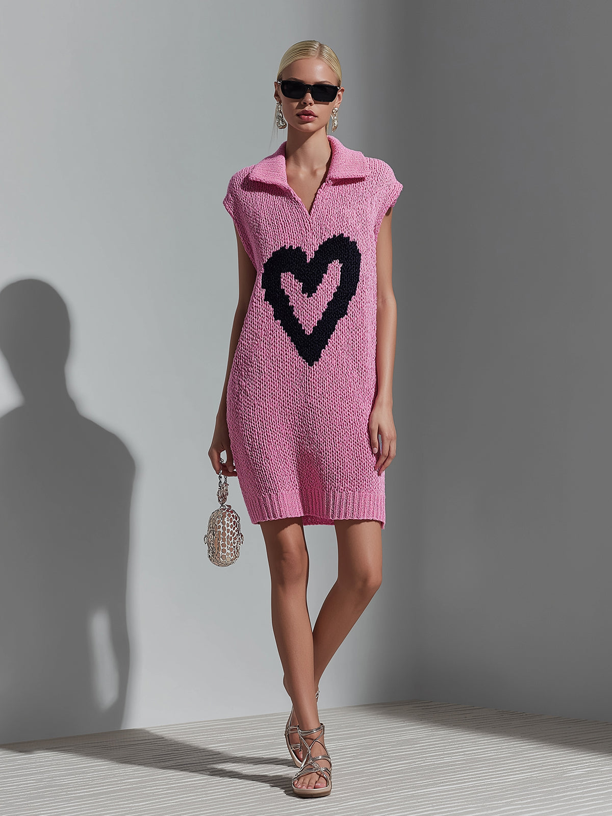 ElevenOra Chic Casual Pink Lapel V-Neck Heart Jacquard Sleeveless Loose-Fit Knit Mini Dress