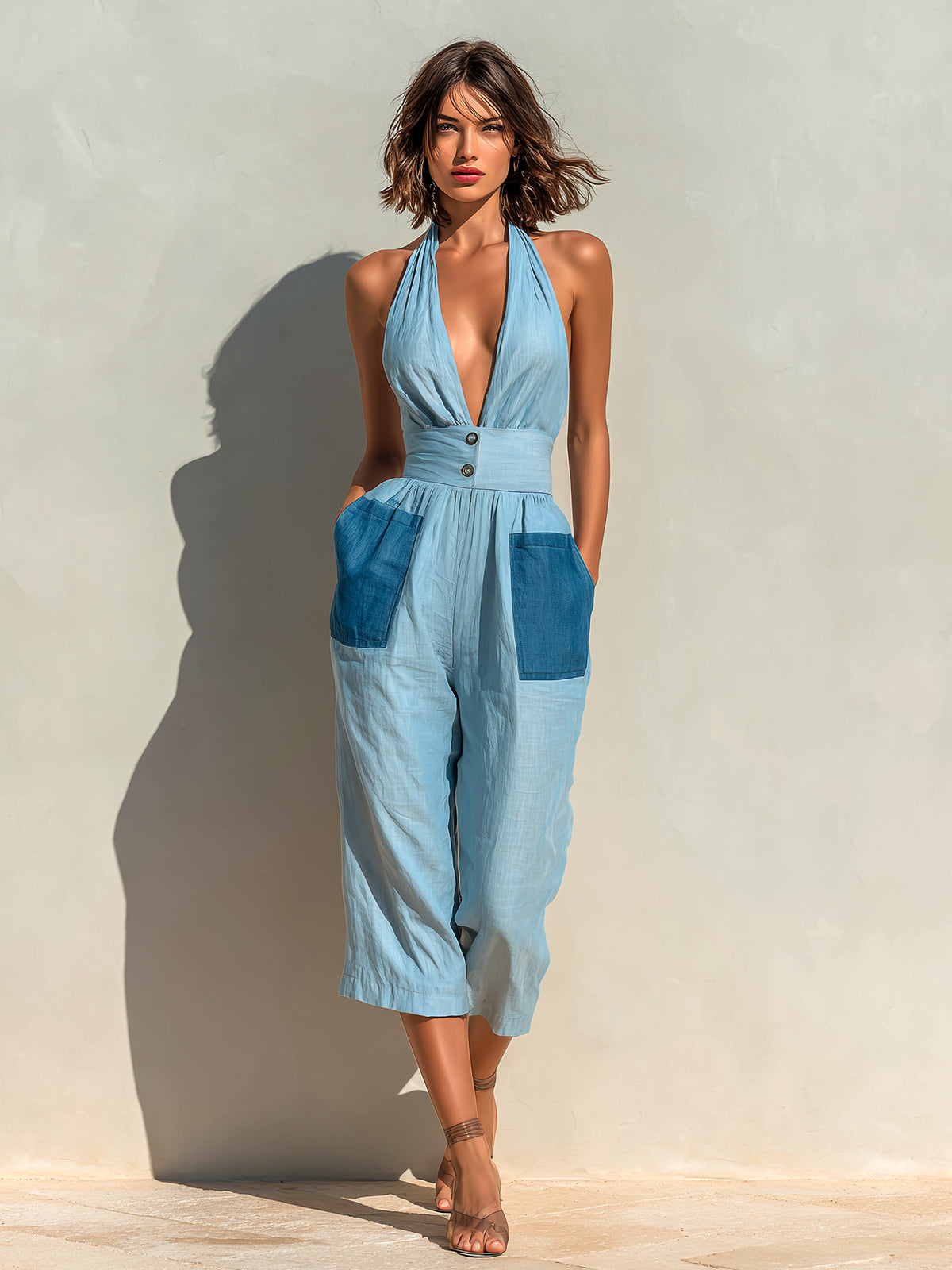 ElevenOra Chic Elegant Blue Colorblock Linen Blend Halter V-Neck Sleeveless  Patch Pockets Tailored-Waist Cropped Jumpsuit