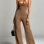 ElevenOra Chic Elegant Brown Cross Neck Sleeveless Slim-Fit Wide-Leg Ribbed Knit Jumpsuit