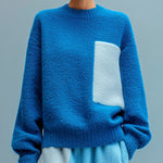 ElevenOra Chic Casual Blue Crew Neck Contrast Patch Long Sleeve Oversized Knit Sweater Top