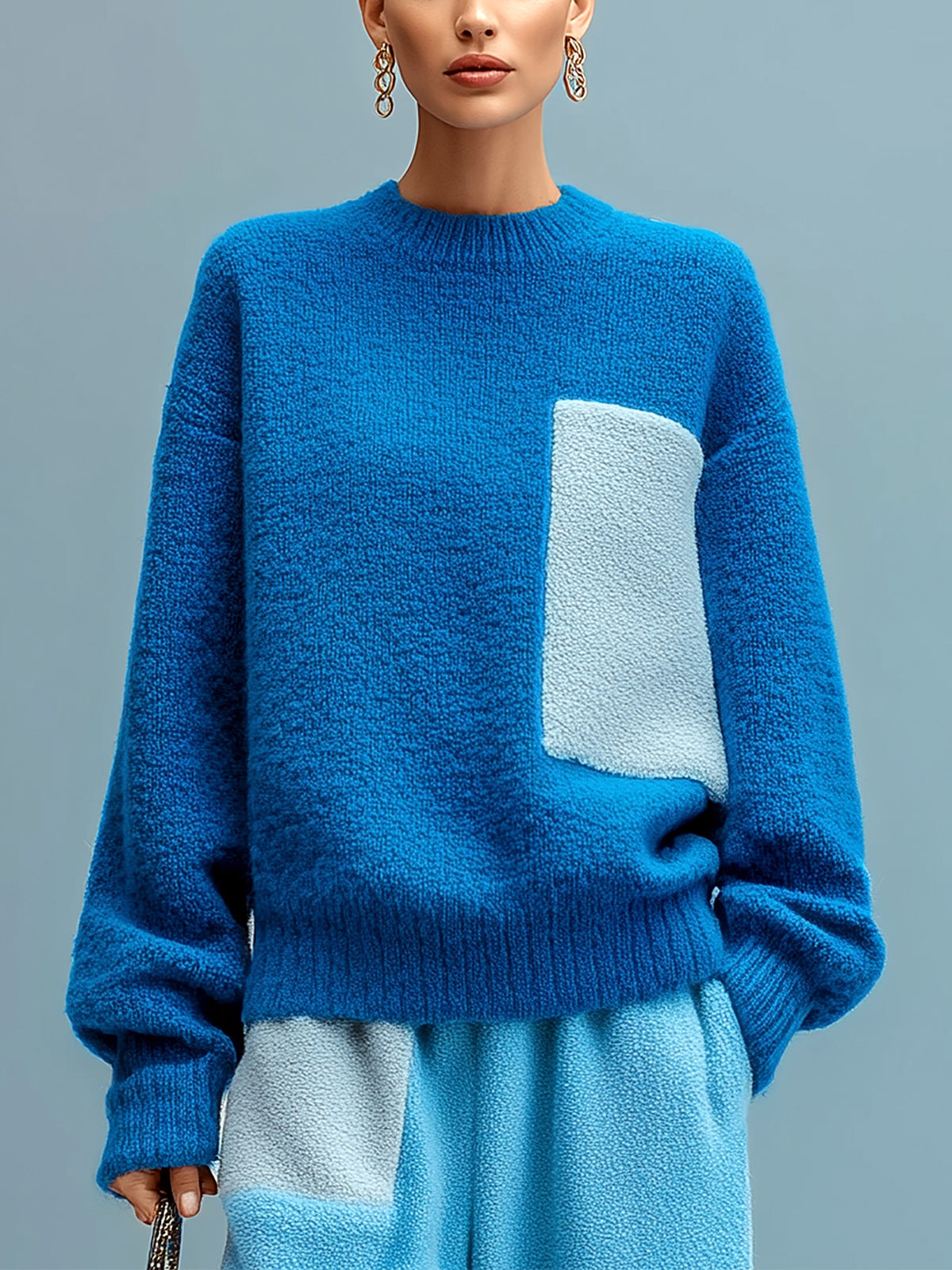 ElevenOra Chic Casual Blue Crew Neck Contrast Patch Long Sleeve Oversized Knit Sweater Top