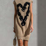 ElevenOra Chic Elegant Camel Round-Neck Sleeveless Black Heart Jacquard Loose-Fit Knit Midi Dress