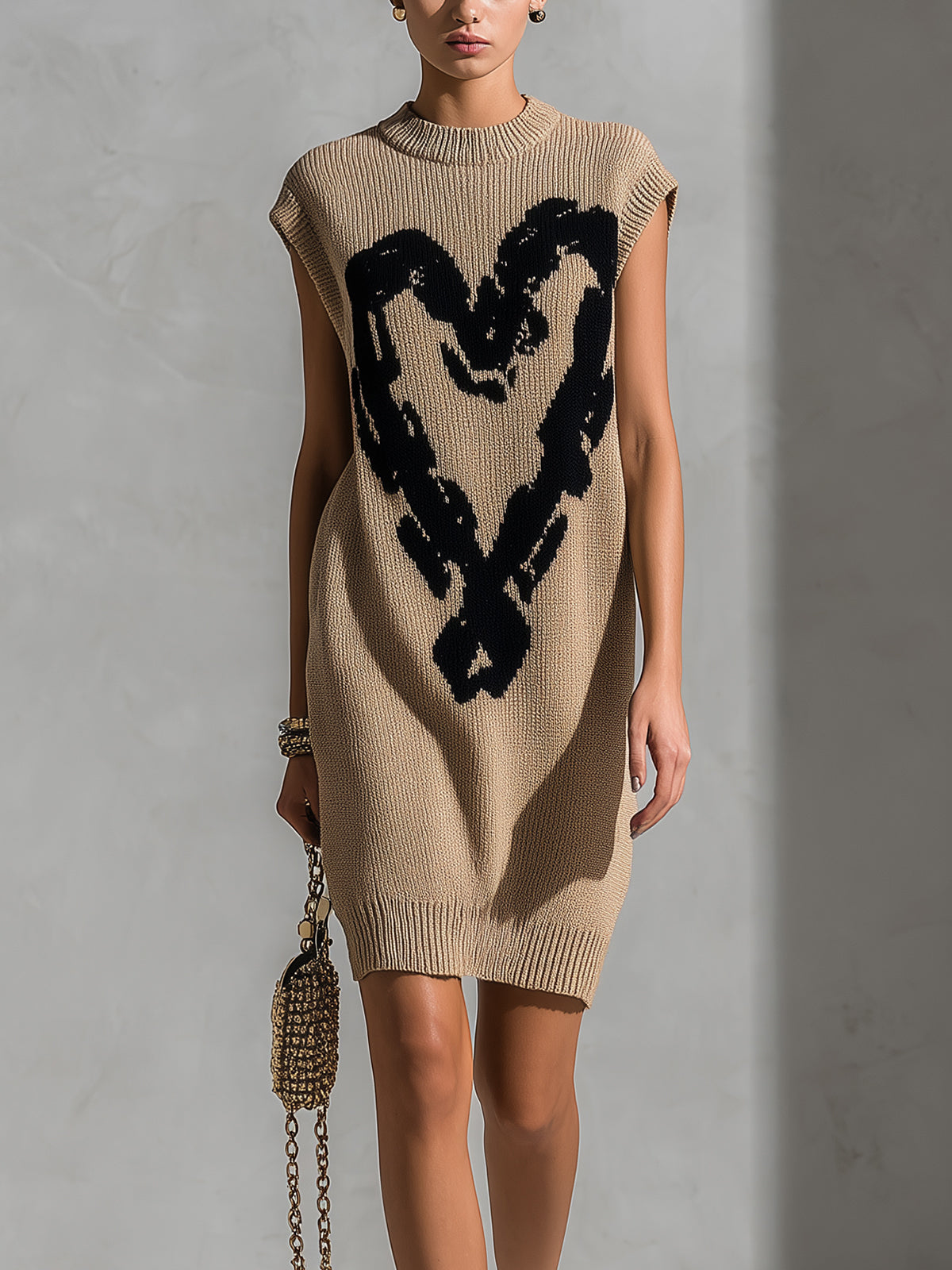 ElevenOra Chic Elegant Camel Round-Neck Sleeveless Black Heart Jacquard Loose-Fit Knit Midi Dress
