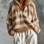 ElevenOra Chic Casual Camel-Off‑White Hooded Half‑Zip Dropped-Shoulder Long-Sleeve Loose-Fit Chunky Knit Sweater
