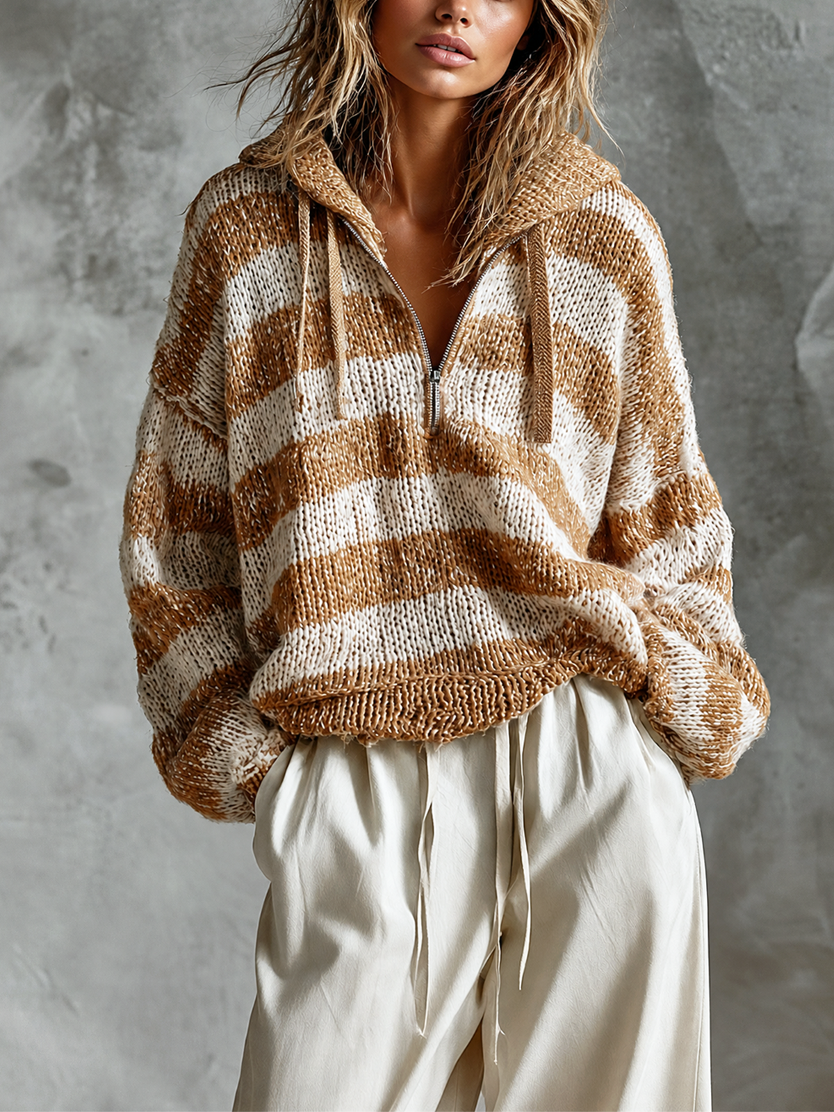 ElevenOra Chic Casual Camel-Off‑White Hooded Half‑Zip Dropped-Shoulder Long-Sleeve Loose-Fit Chunky Knit Sweater