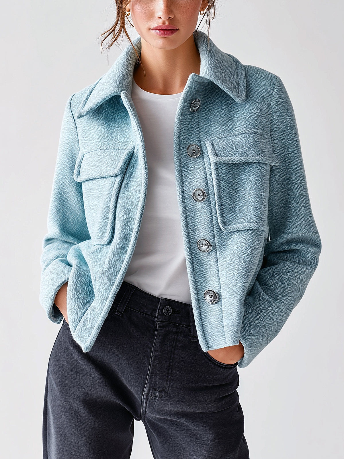 ElevenOra Chic Vintage Blue Wool Blend Lapel Single-Breasted Chest Pocket Short Jacket