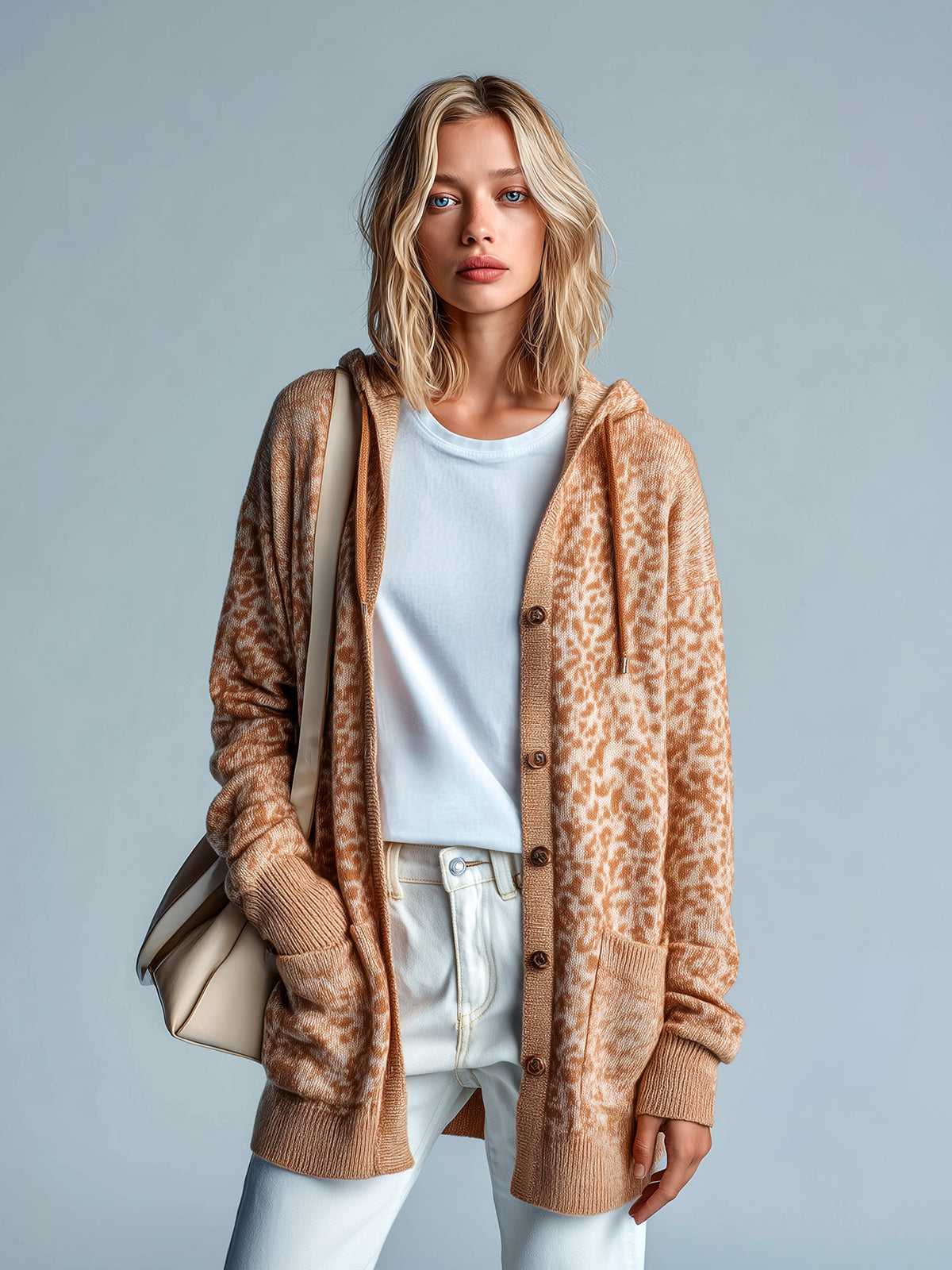 ElevenOra Chic Vintage Khaki Leopard Hooded Single-Breasted Patch Pocket Mid-Length Slouchy Knit Cardigan