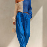 ElevenOra Chic Elegant Royal Blue-Beige Colorblock One-Shoulder Long-Sleeve Sweater Top Linen Cotton Cuffed Pants Two-Piece Set