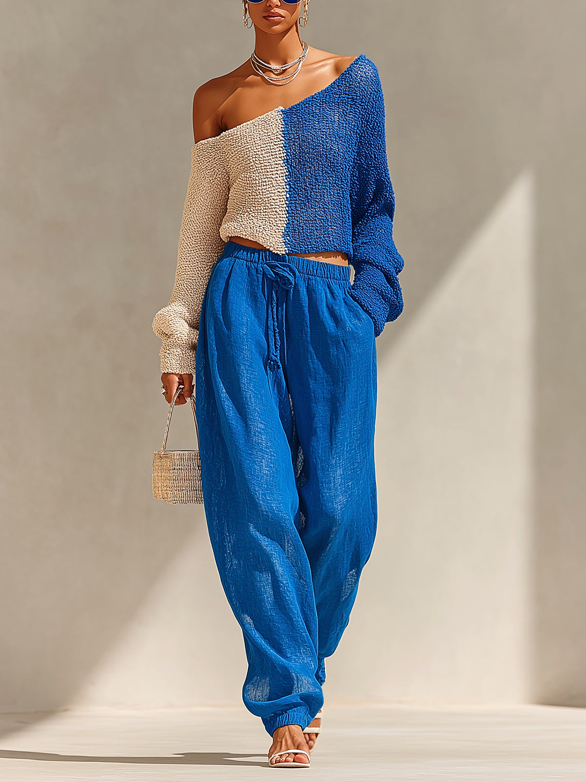 ElevenOra Chic Elegant Royal Blue-Beige Colorblock One-Shoulder Long-Sleeve Sweater Top Linen Cotton Cuffed Pants Two-Piece Set