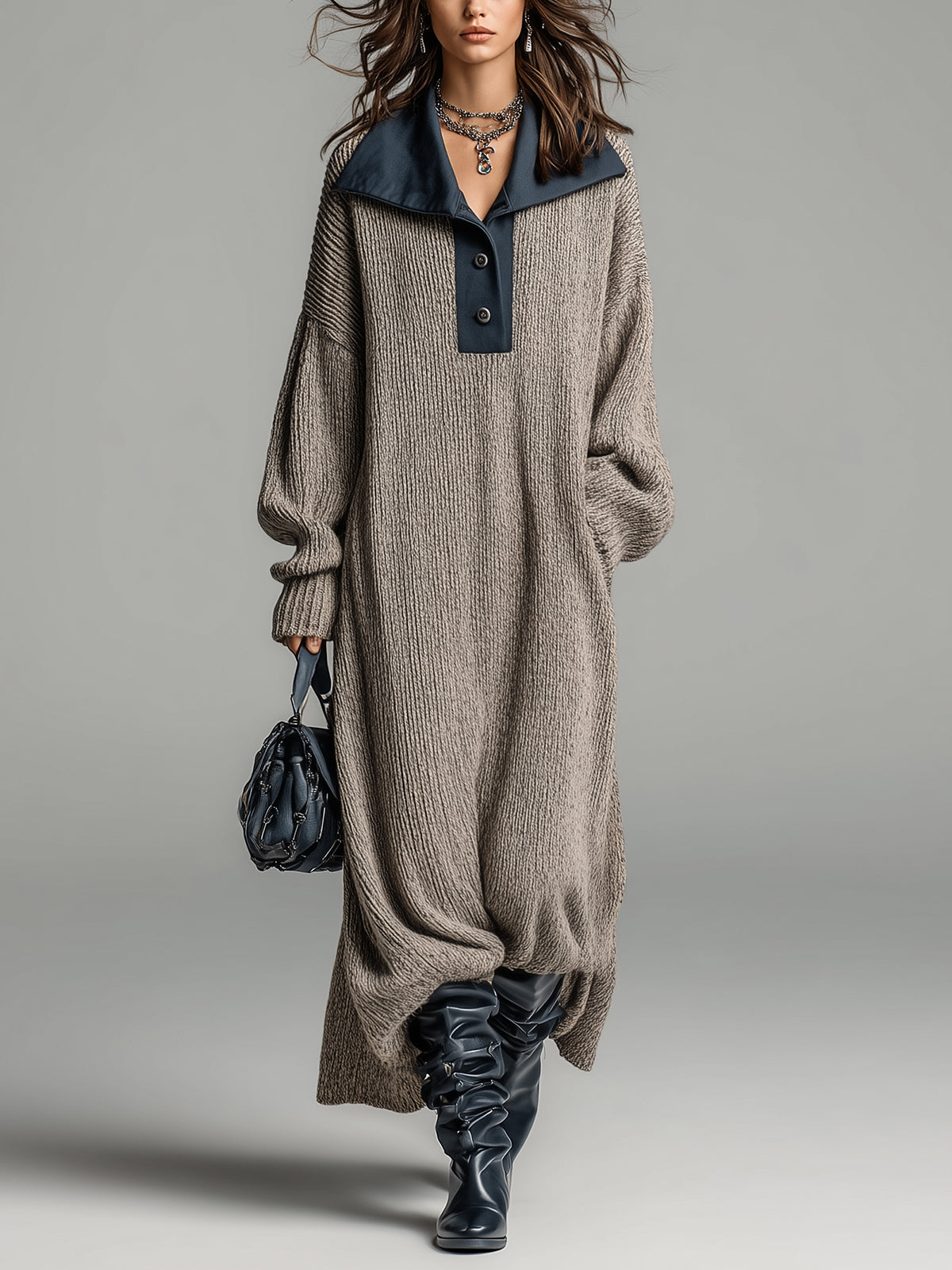 ElevenOra Chic Vintage Light Brown Button-Up Oversized Contrast Lapel Long Sleeve Knit Maxi Dress