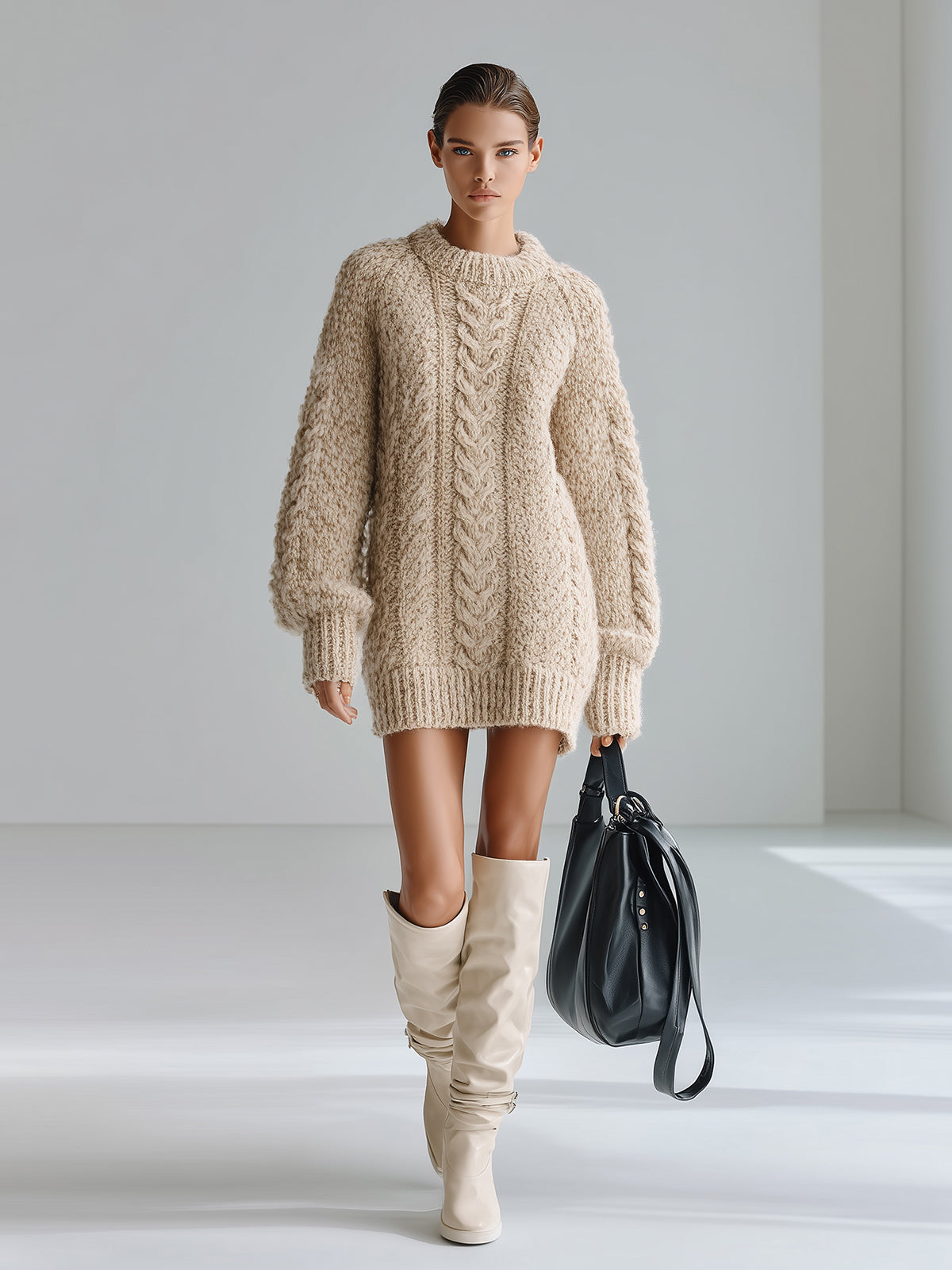 ElevenOra Chic Vintage Light Khaki Round Neck Long Sleeve Oversized Loose Cable-Knit Mini Dress