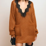 ElevenOra Chic Casual V-Neck Contrast Lace Trim Patch Pocket Long Sleeve Oversized Knit Mini Dress