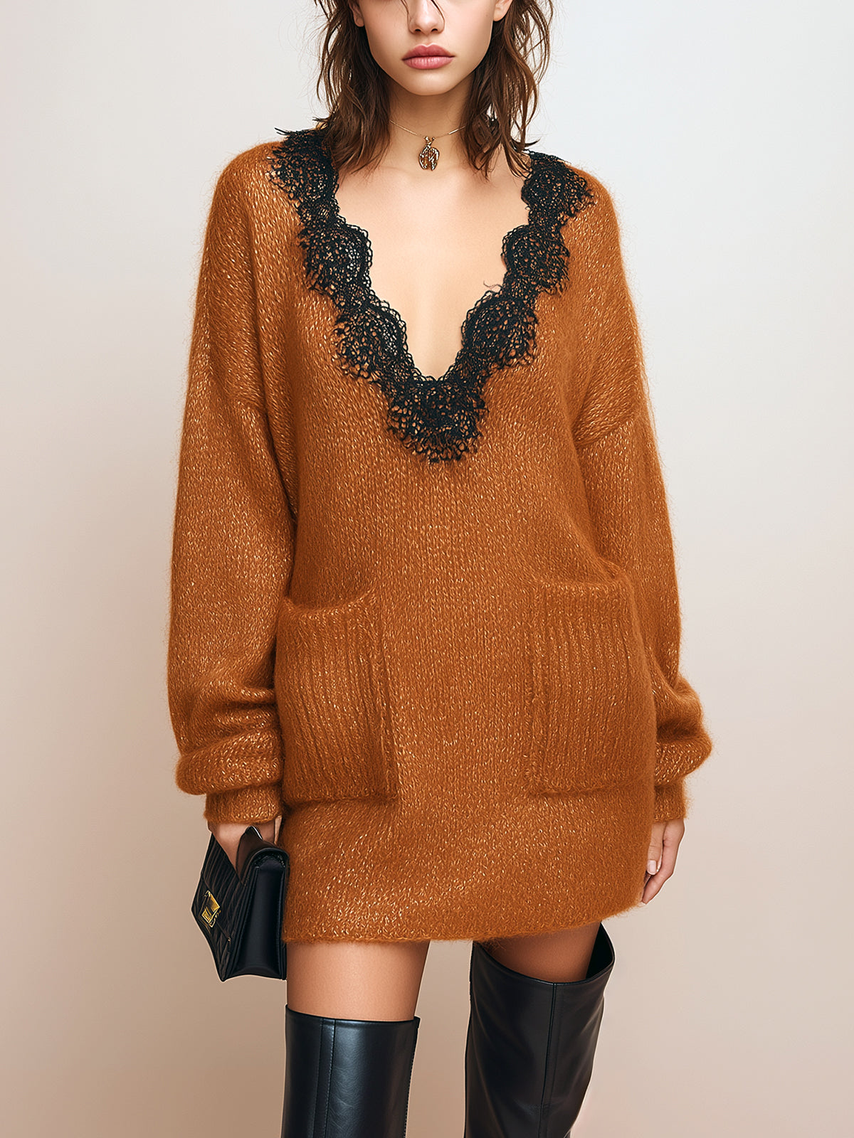 ElevenOra Chic Casual V-Neck Contrast Lace Trim Patch Pocket Long Sleeve Oversized Knit Mini Dress