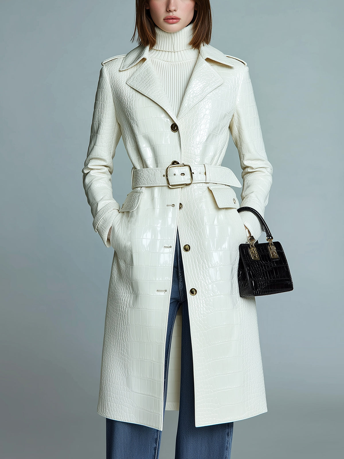 ElevenOra Chic Vintage Cream White Crocodile Embossed Faux Leather Lapel Single-Breasted Belted Midi Trench Coat