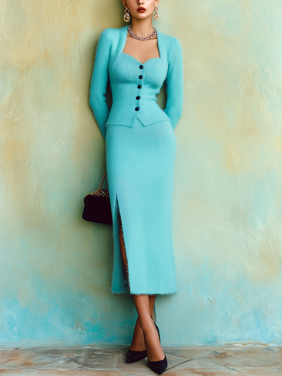 ElevenOra Elegant Vintage Lake Blue Square Collar Single-Breasted Cardigan Slit Bodycon Maxi Skirt Mohair Knit Two-Piece Set