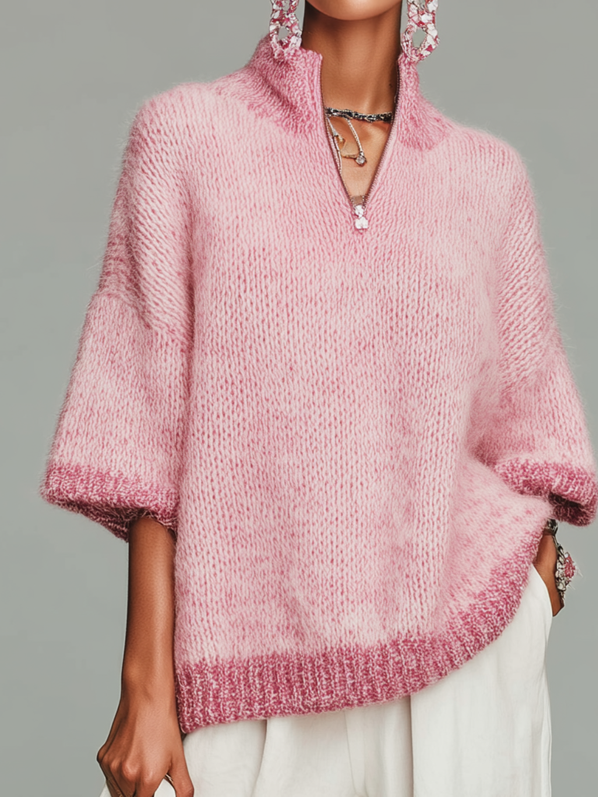 ElevenOra Stylish Casual Pink Stand-collar Zippered Short-sleeved Loose Knit Sweater Top