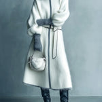 ElevenOra Chic Elegant Oversized Turtle Neck Belted Contrast Trim Long Sleeve Knit Midi Dress