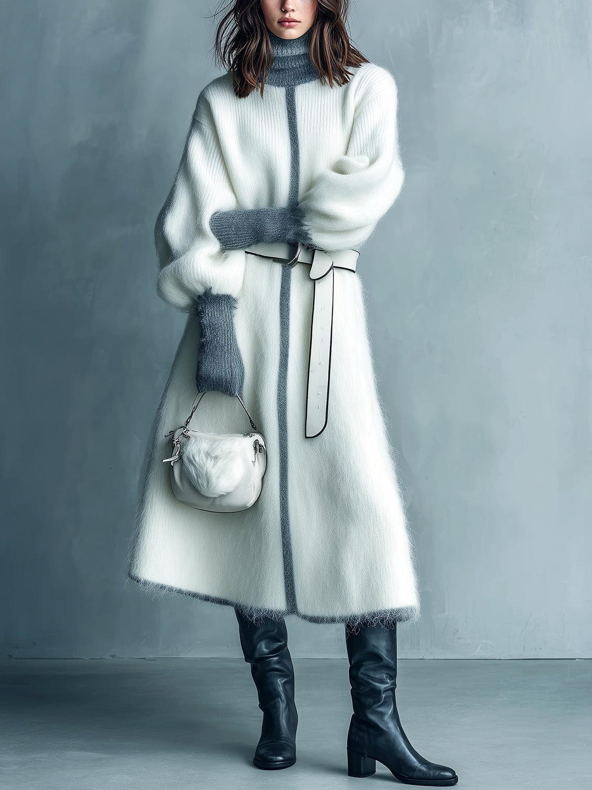 ElevenOra Chic Elegant Oversized Turtle Neck Belted Contrast Trim Long Sleeve Knit Midi Dress