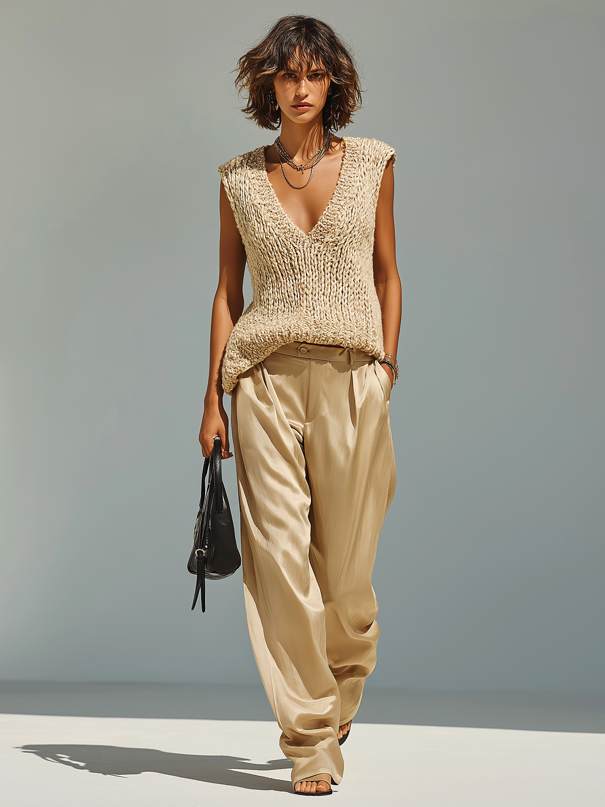 ElevenOra Chic Elegant Khaki V-neck Sleeveless Loose Knit Vest Satin Trousers Two-Piece Set