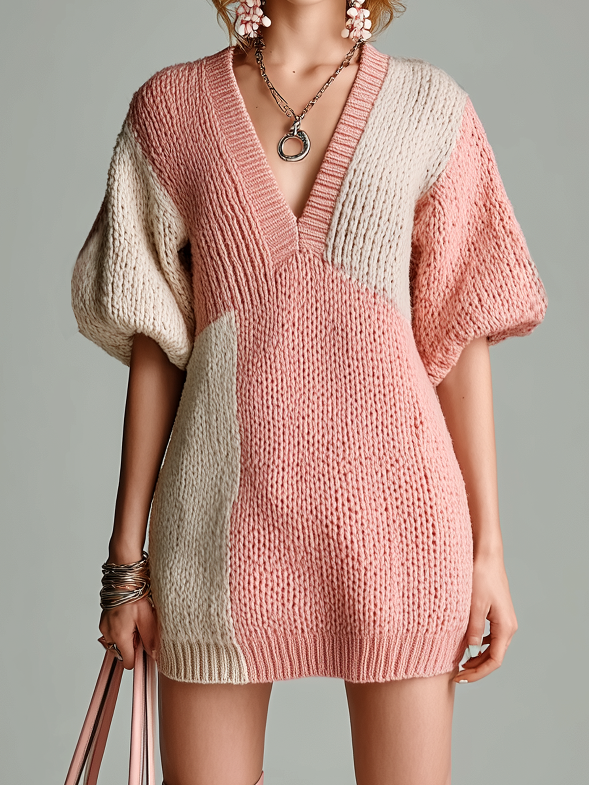 ElevenOra Stylish Elegant Pink V-neck Contrast Trim Short-Sleeve Loose Ribbed Knit Mini Dress