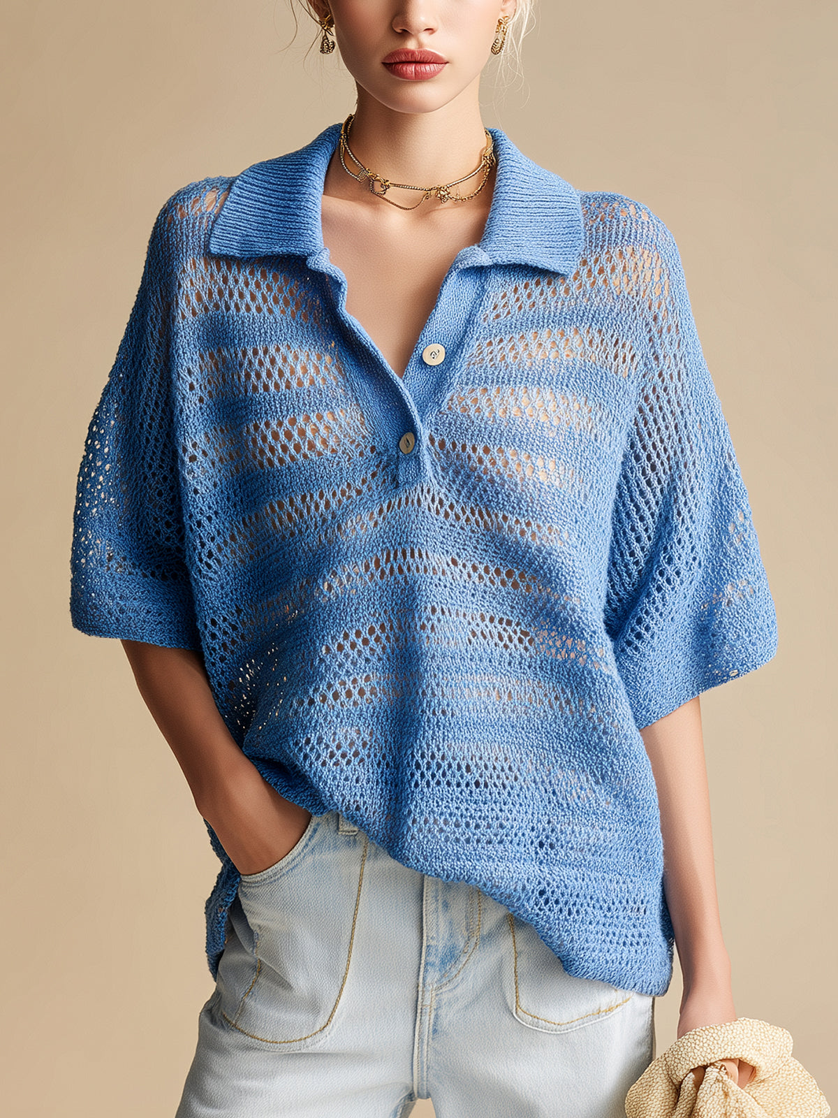 ElevenOra Chic Vintage Dark Blue Hollow Out Stripes Button-Up Lapel Collar Short-Sleeve Loose-Fit Breathable Knit Sweater Top