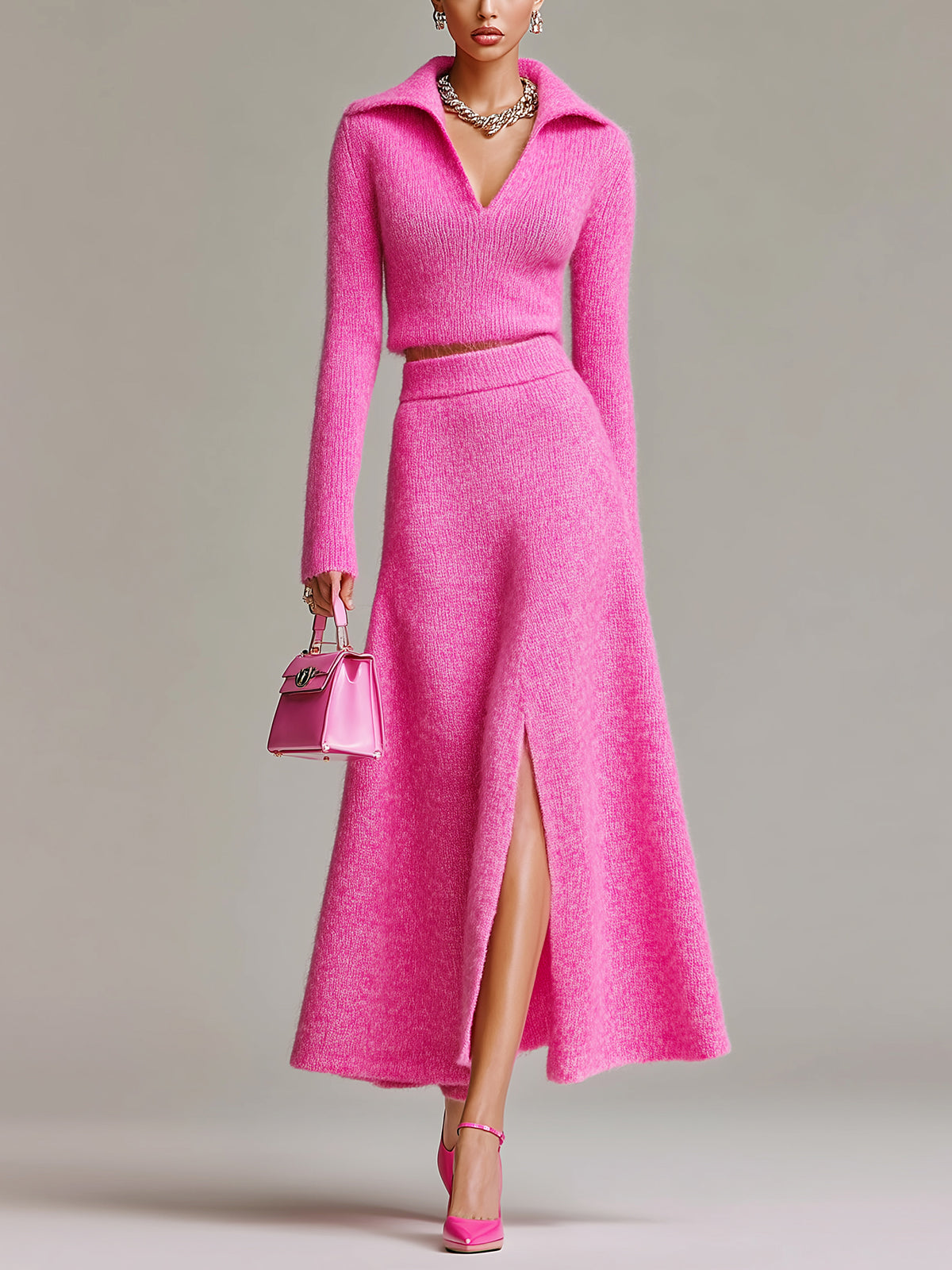 ElevenOra Chic Elegant Hot Pink Lapel Collar Long Sleeve Sweater A-Line Slit Maxi Skirt Knit Two-Piece Set