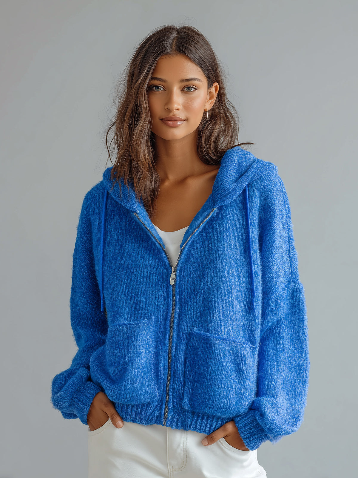 ElevenOra Casual Chic Royal Blue Hooded Full-Zip Double Pocket Oversized Knit Slouchy Cardigan
