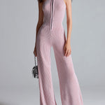 ElevenOra Chic Elegant Pink Stand Collar Sleeveless Zipper-Front Tailored Waist Wide Leg Ribbed Knit Jumpsuit